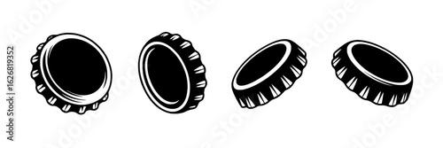 Set of four monochrome vector bottle caps in different rotations. Black and white illustration of crown caps, soda or beer tops, isolated on white. Design elements for bar, pub, brewery branding.