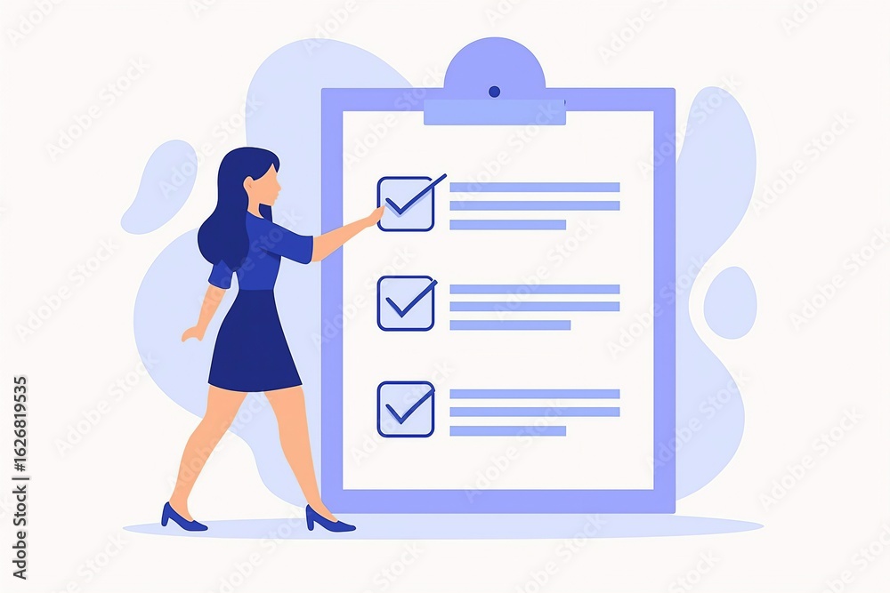 Woman completing a checklist on a large clipboard with checked items Woman completing a checklist on a large clipboard with checked items