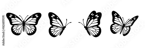 Set of monarch butterfly vector illustrations. Black and white butterfly icons, graphic design elements. Collection of simple butterfly silhouettes, insect drawings, decorative shapes. Nature, spring,