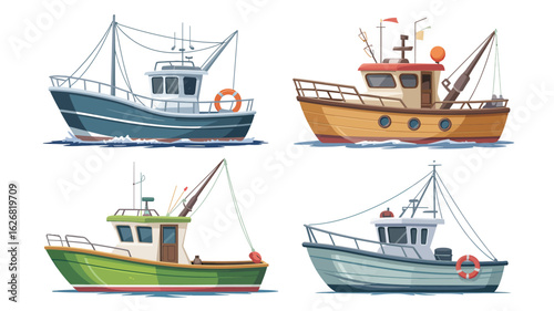  Set of fishing boat illustrations in varied colors and styles with lifebuoys, cabins, antennas, and oceanic themes