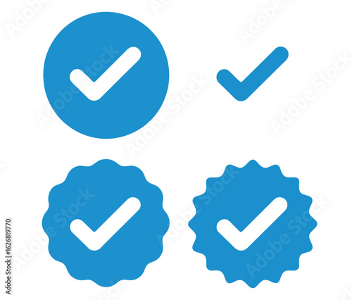 Set of blue check mark illustrations in circular and scalloped badge designs representing approval, correctness, and confirmationMobil 