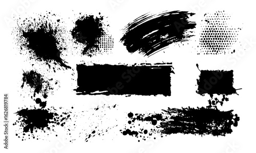 Grungy brush paint strokes, artistic ink splatters with blot drops, smears, stains, drips, rough frames, dry brush marks, bold paint splashes. Vector illustration, texture, abstract design