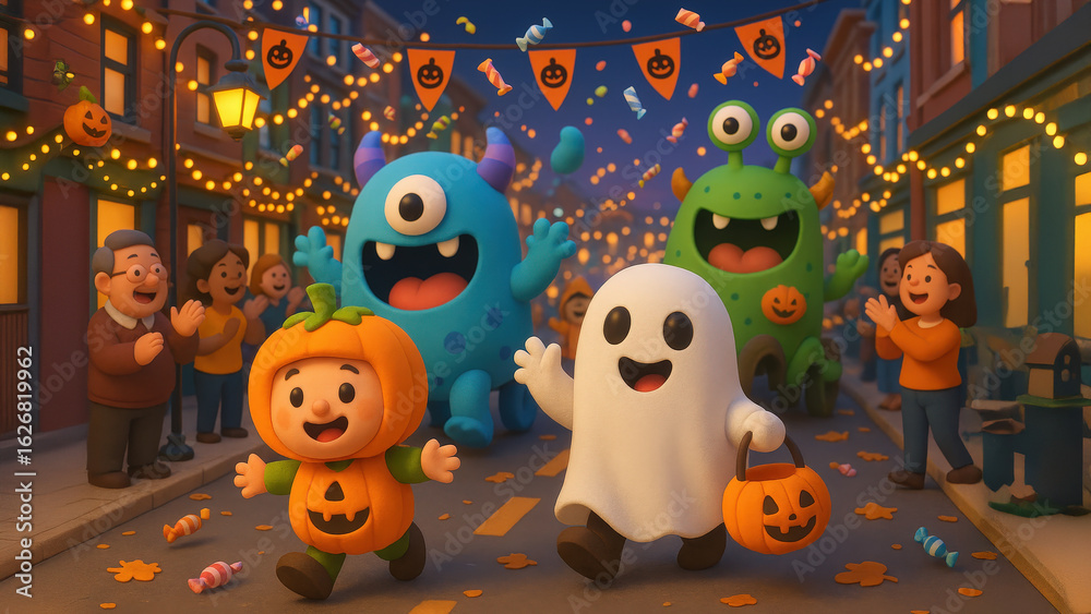 Fototapeta premium Adorable kids in ghost and pumpkin costumes leading a cheerful Halloween parade down a festively decorated street with playful monsters