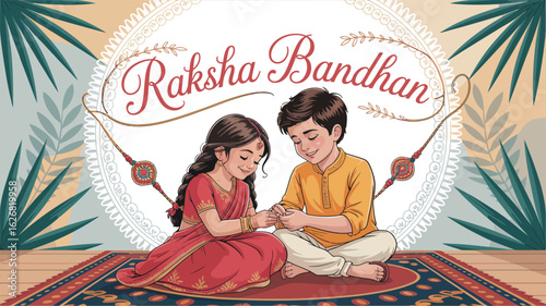  Raksha Bandhan illustration of girl tying rakhi on boy’s wrist, seated on ornate rug with festive background, palm leaves, and stylized text