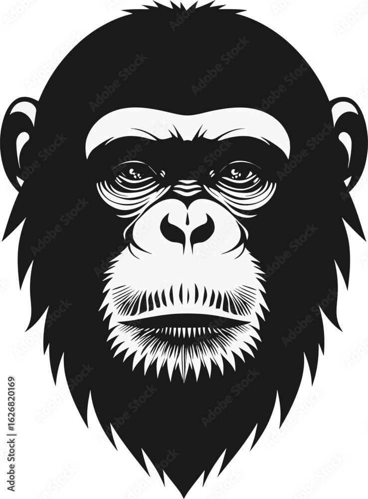 Fototapeta premium Vector art of detailed monochrome vector illustration of a chimpanzee head with an intense gaze and thoughtful expression against a plain backdrop