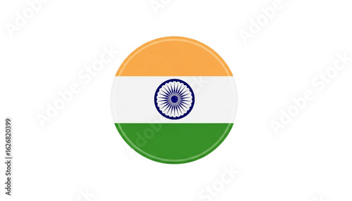 Circular Indian flag emblem, saffron, white, green stripes, Ashoka Chakra.