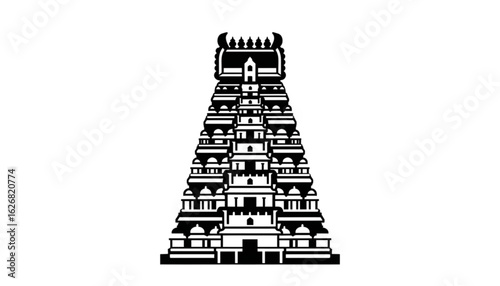 A black and white graphic illustration of a Hindu temple gopuram with multiple tiers.