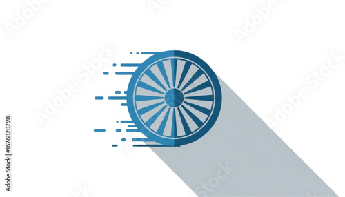 A blue wheel with radial spokes moves quickly, leaving a trail of motion lines and casting a long shadow.