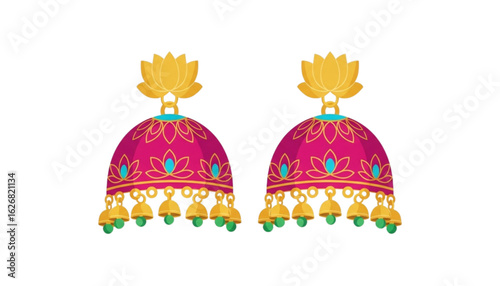 Two ornate, pink and gold Jhumka earrings with lotus flower tops are displayed against a white background.