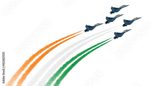 A formation of six fighter jets flying in formation, leaving trails of saffron, white, and green smoke.