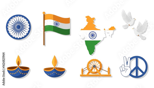 Indian national symbols, flag, map, peace doves, and Diwali lamps celebrate India's culture and peace.