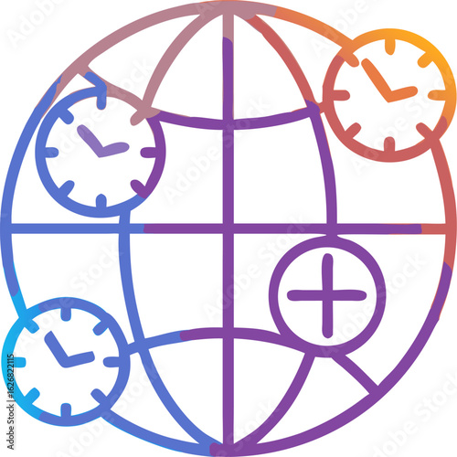 Global time zone illustration featuring a stylized world map with connected lines indicating international time differences and connectivity