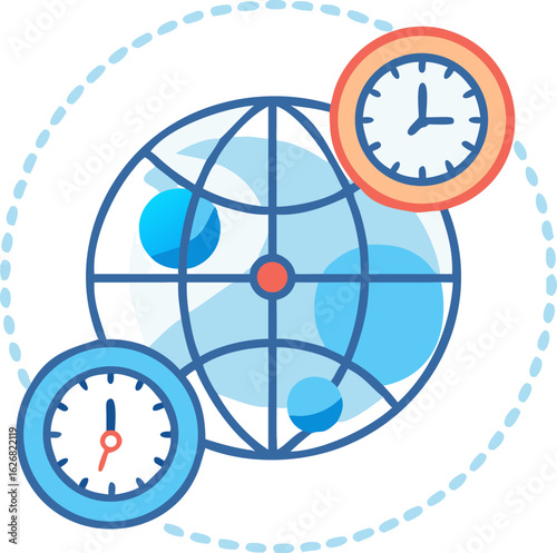 Global time zone map illustration featuring a stylized planet earth with interconnected lines representing different time zones and international connectivity suitable for travel or business concepts