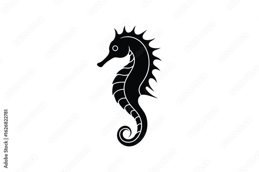 Fototapeta premium Detailed black silhouette of a seahorse showcasing its distinctive curved body and spiky dorsal fin against a clean white background a classic marine creature silhouette