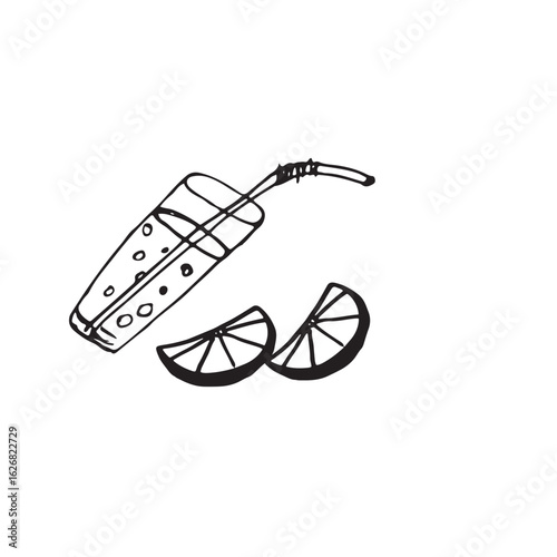 black and white vector doodle of a lime soda in a tall glass with bubbles, a straw, two lime slices. Hand-drawn sketch style. for coloring pages, recipe books, summer designs, cafe menus, and stickers