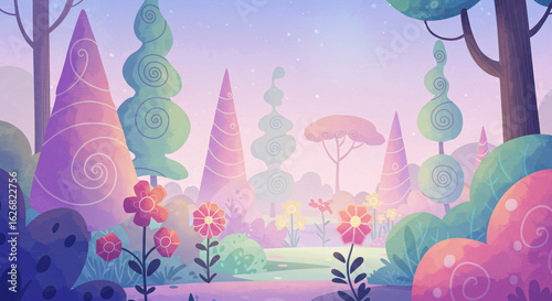 Whimsical Garden Vista: A dreamlike illustration of an enchanting garden, where fantasy meets the serenity of nature, capturing a delightful view of oversized flowers and whimsical trees.
