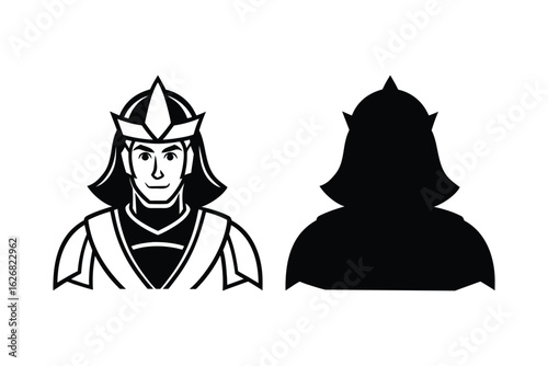 Two stylized portraits of a king wearing a crown and ornate armor one detailed and the other a stark black silhouette representing royalty and power silhouette