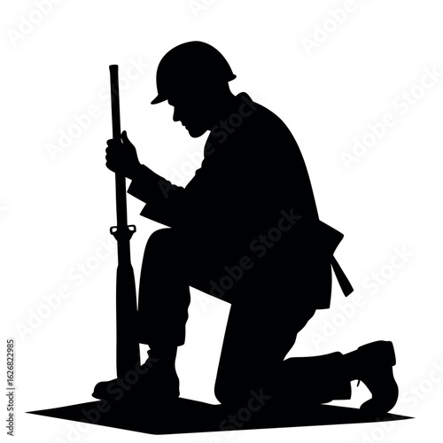 Soldier kneeling with rifle isolated on white background