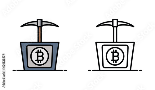Illustration of Bitcoin Mining Equipment with Pickaxe, Representing Cryptocurrency Mining and Digital Assets