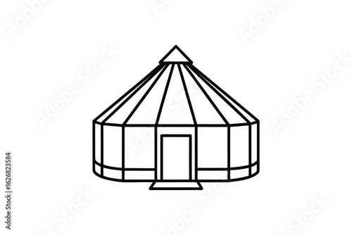 Simple black and white line drawing of a traditional yurt or nomadic dwelling with a pointed roof and a single door presented as a clean silhouette