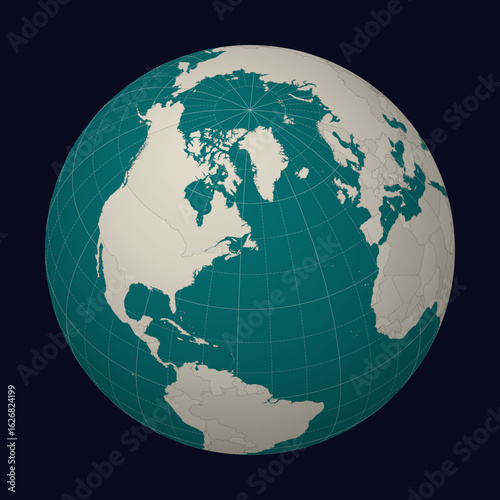 Saint Pierre and Miquelon on the map. Globe centered to Saint Pierre and Miquelon. Country location on the world map. Teal Pale Mint color palette. Globe with countries, meridians and parallels.