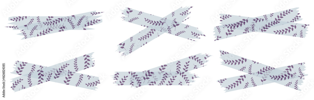 Obraz premium Set of semi-transparent washi tapes with pattern isolated on white. Tapes collection in vector. Pieces of decorative tape for scrapbooks. Torn paper. Spring, summer. Blue and purple