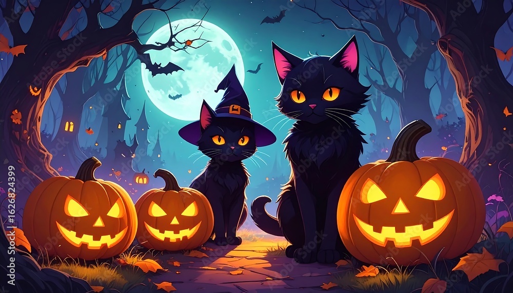 Halloween cats in a spooky forest scene