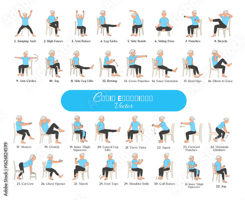 Old women Chair Exercises for Weight Loss Vector Illustration, Healthy Lifestyle. Full body yoga, fitness, aerobics, and exercise workouts. Flat cartoon character.