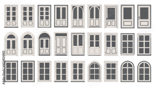 Collection of architectural doors and windows with grey panes and white frames vector