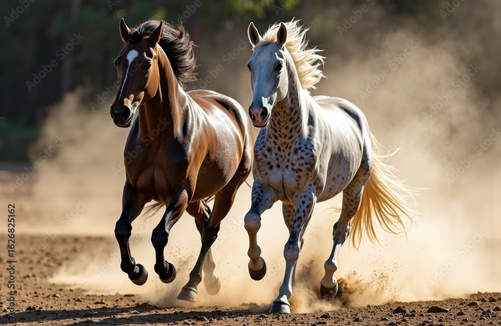 Obraz premium Two horses galloping across a dusty outdoor arena with a blurred background