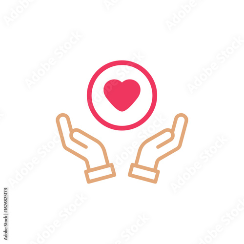 Two hands cupping a red heart inside a red circle, symbolizing care.