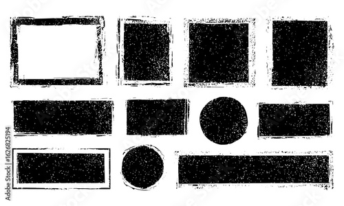Distressed hand-drawn grunge text box frames set featuring rough jagged edges, ink pen rectangles, ovals, circles, squares. Retro vintage textured vector banners, borders, templates