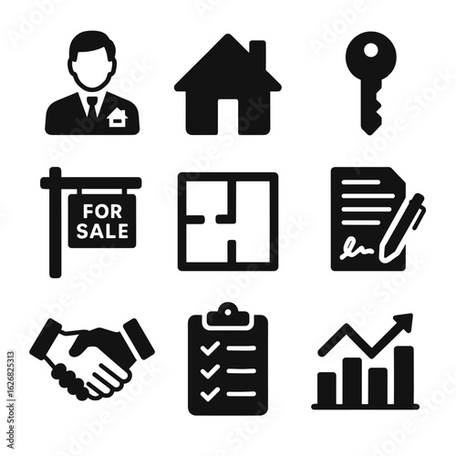 Real estate business icon set with black glyph symbols. Includes agent, house, key, for sale sign, contract, and property investment chart - the realtor profession.