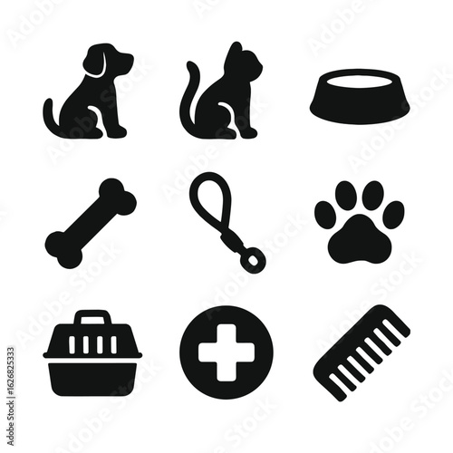 Collection of pet care icons. A concept set of symbols for animal grooming, veterinary, and pet shop services - themed around pet care.