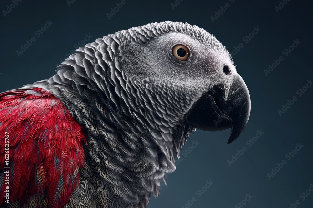 Obraz premium Striking portrait of an African Grey Parrot with vivid red wing feathers against a teal background, in a high-detail, studio lighting style