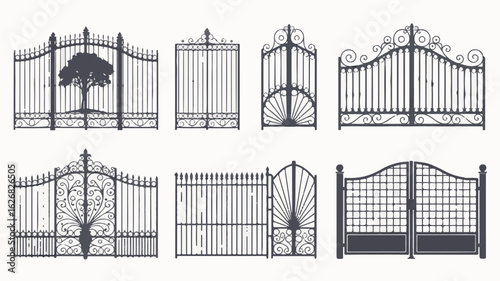 Ornate wrought iron gates with decorative elements and tree silhouette ornate gates decorative gates