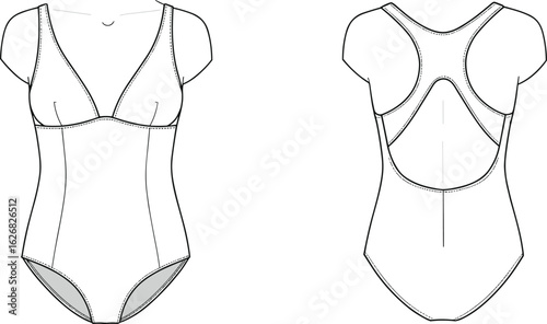 Stylish one-piece swimsuit, front and back view, fashion illustration, summer beachwear, trendy design, swimwear template, apparel sketch, vector drawing