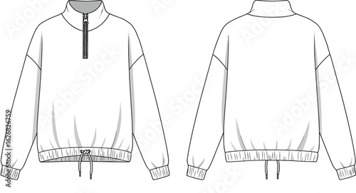 Unisex pullover sweater, half-zip design, drawstring hem, ribbed cuffs, front and back view, casual wear, athletic fashion, stylish apparel