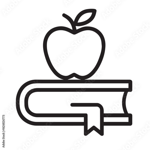“Apple on book icon in outline style.”