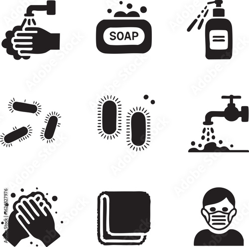 Charity and social issues icon set. A collection of symbols representing concepts of donation, poverty, community aid, and finance.