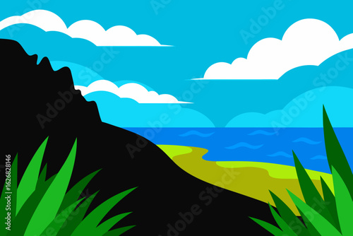 Stylized illustration of a tropical coastline with a dark cliff and green foliage