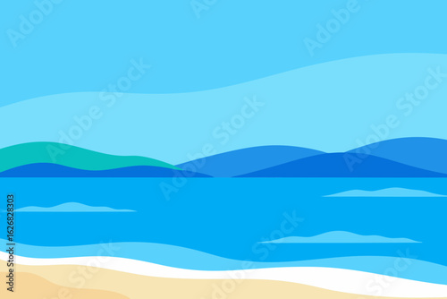 Vibrant flat design of a serene beach with calm blue ocean and distant green hills