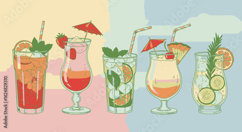 Colorful assortment of refreshing summer cocktails and tropical mixed drinks in a vintage illustration style