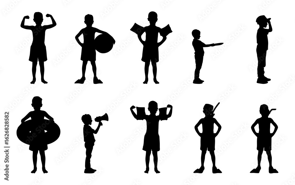 Obraz premium A set of twelve black silhouettes of children, depicting various summer activities and poses.