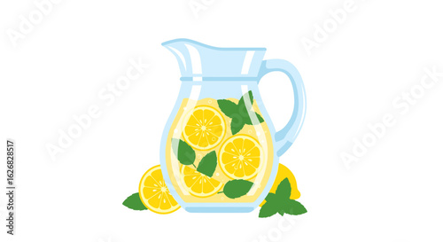 Refreshing Lemonade in a Glass Pitcher with Slices of Lemon and Mint Leaves, Perfect for Summer