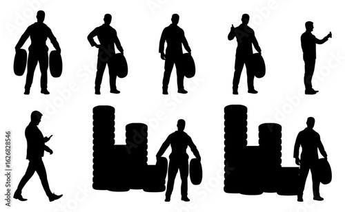 Set of vector people standing with towers in different styles. Black silhouettes of business people in different poses
