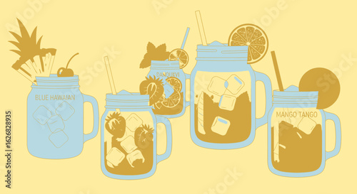 A collection of refreshing summer cocktails and mocktails served in rustic mason jars, garnished with fresh fruit. A two-tone vector illustration for menus or party invitations.