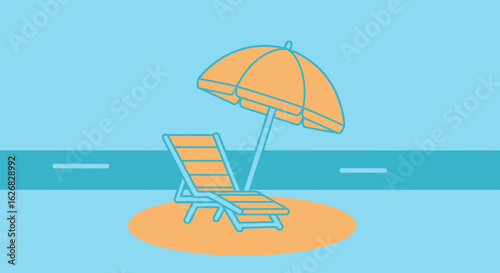 Relaxing Beach Scene Illustration with Lounge Chair and Umbrella on a Sunny Day