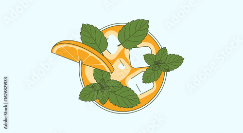 Vibrant illustration of a refreshing citrus drink with ice, orange slice, and fresh mint leaves, perfect for healthy beverage concepts and summer themes.