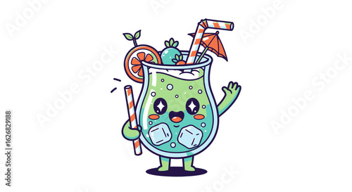 Vibrant Green Fruity Cocktail Character with Ice Cubes, Orange Slice, and Straw, Cheerful Summer Beverage